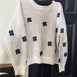 SHEIN Cream Sweater with Navy Floral Accents